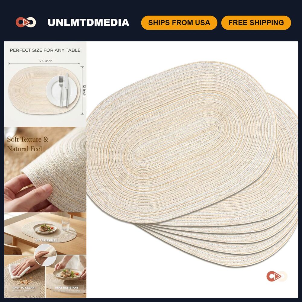 Woven Oval Braided Placemats Set of 6 - Stylish Beige Dining Table Mats